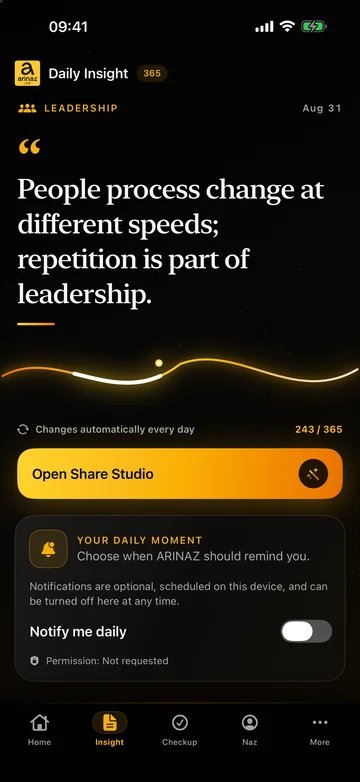 ARINAZ Daily Insight screen showing a branded business and leadership insight.