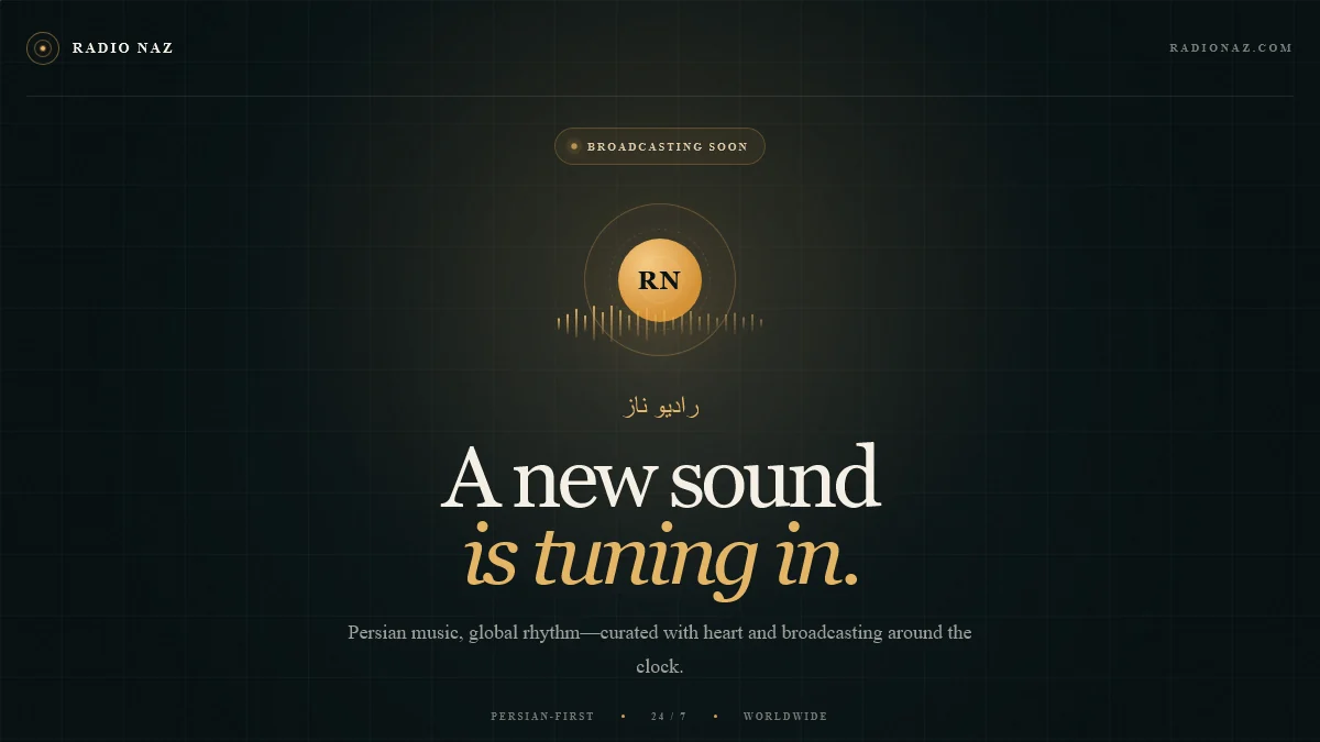 Verified preview of the RadioNaz.com Persian radio coming-soon page